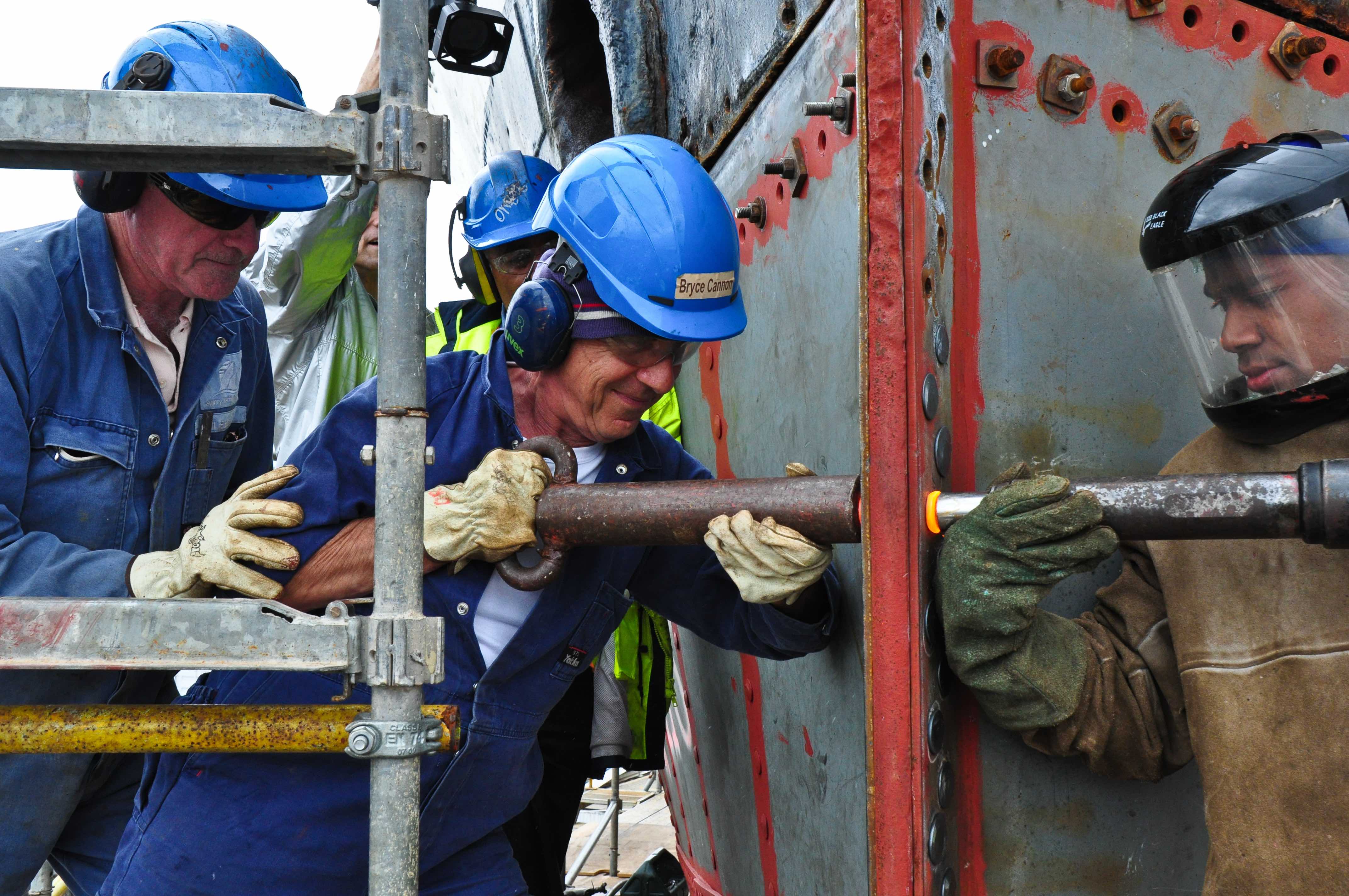 Hot riveting is a particular SHF skill. Some 50,000 rivets have been driven in JOHN OXLEY's restoration JORivetingStem
